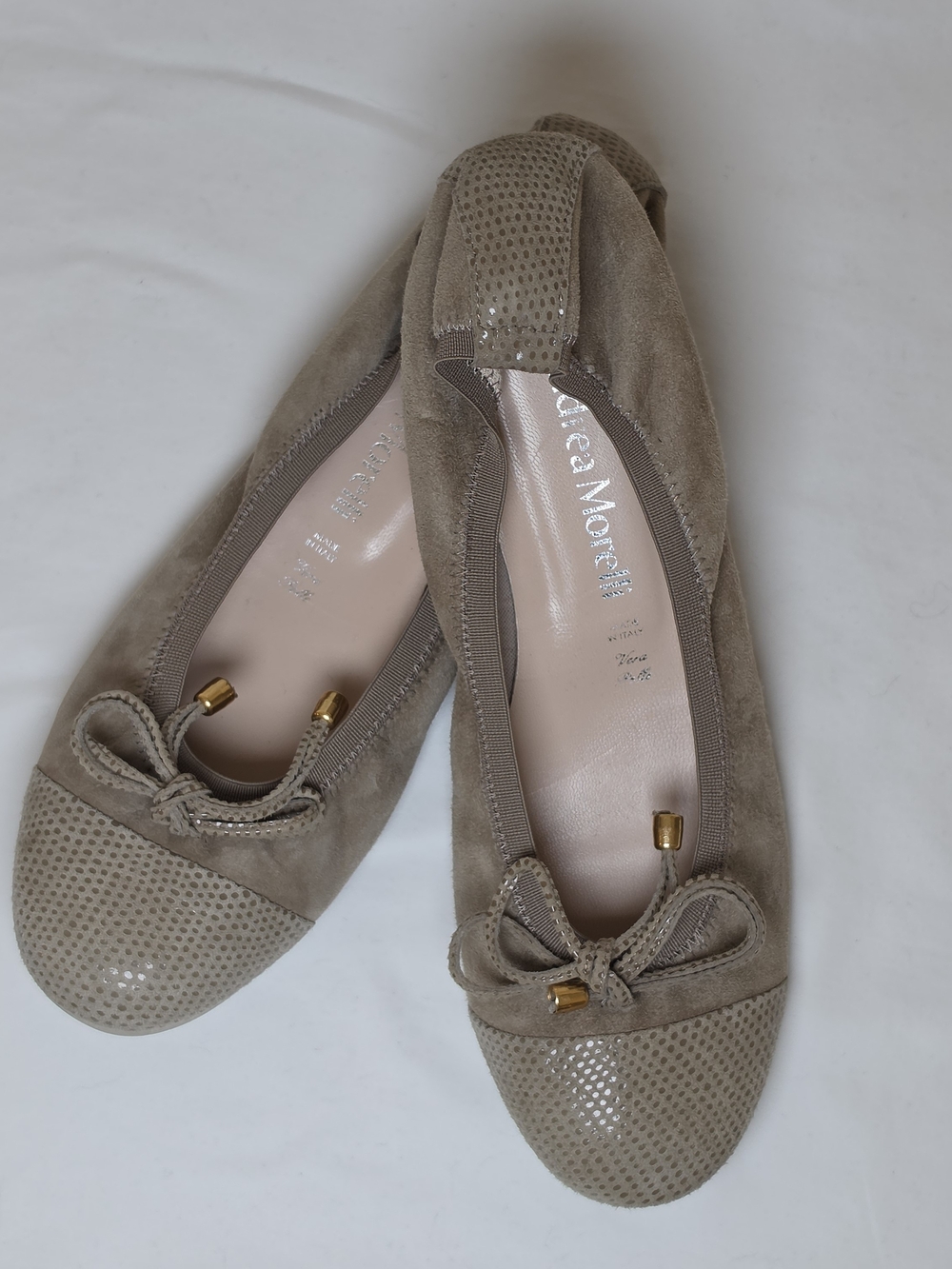 ANDREA MORELLI ITALIAN SUEDE BALLET FLATS CAP TOE BOW SHOES TAUPE EU 41 US 10